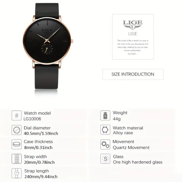 LIGE Elegant Black Quartz Women's Watch with Soft Silicone Band - Image 3