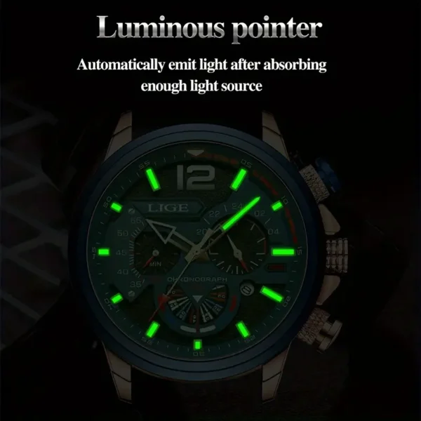 LIGE Men's Fashion Quartz Watch - Waterproof, Luminous Display with Calendar & Chronograph - Image 2