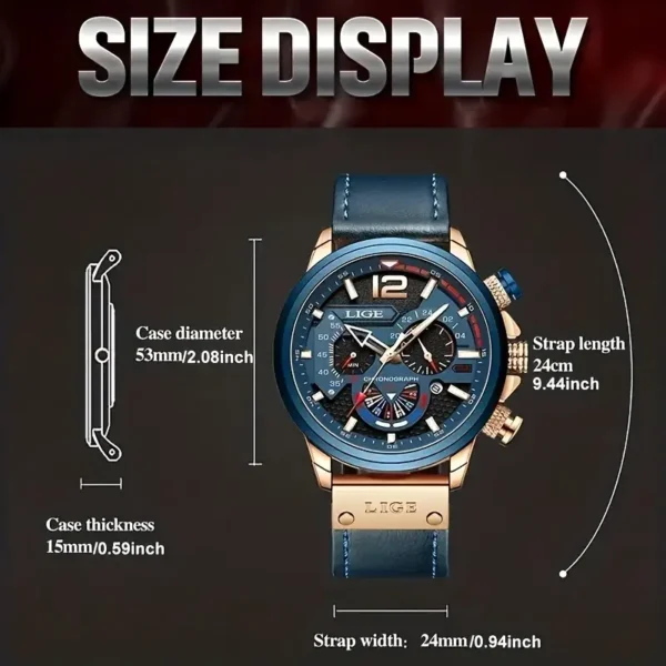 LIGE Men's Fashion Quartz Watch - Waterproof, Luminous Display with Calendar & Chronograph - Image 3