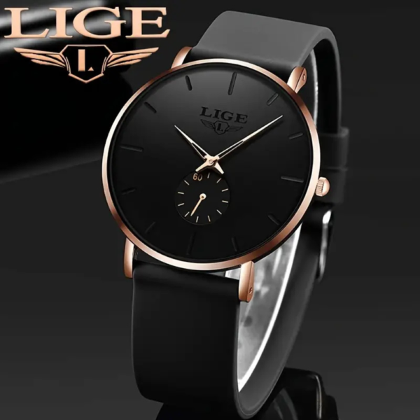 LIGE Elegant Black Quartz Women's Watch with Soft Silicone Band