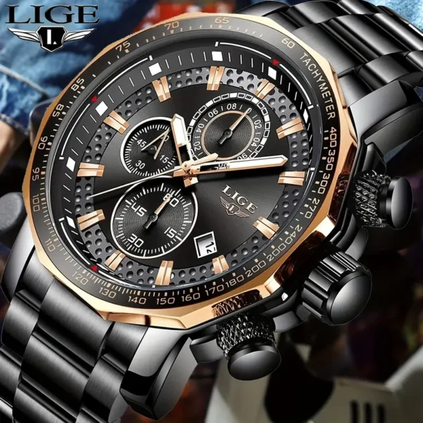 LIGE New Fashion Quartz Watch For Men Stopwatch Stopwatch Calendar Stainless Steel Strap Watch Multifunctional Sports Business Watch - Image 6